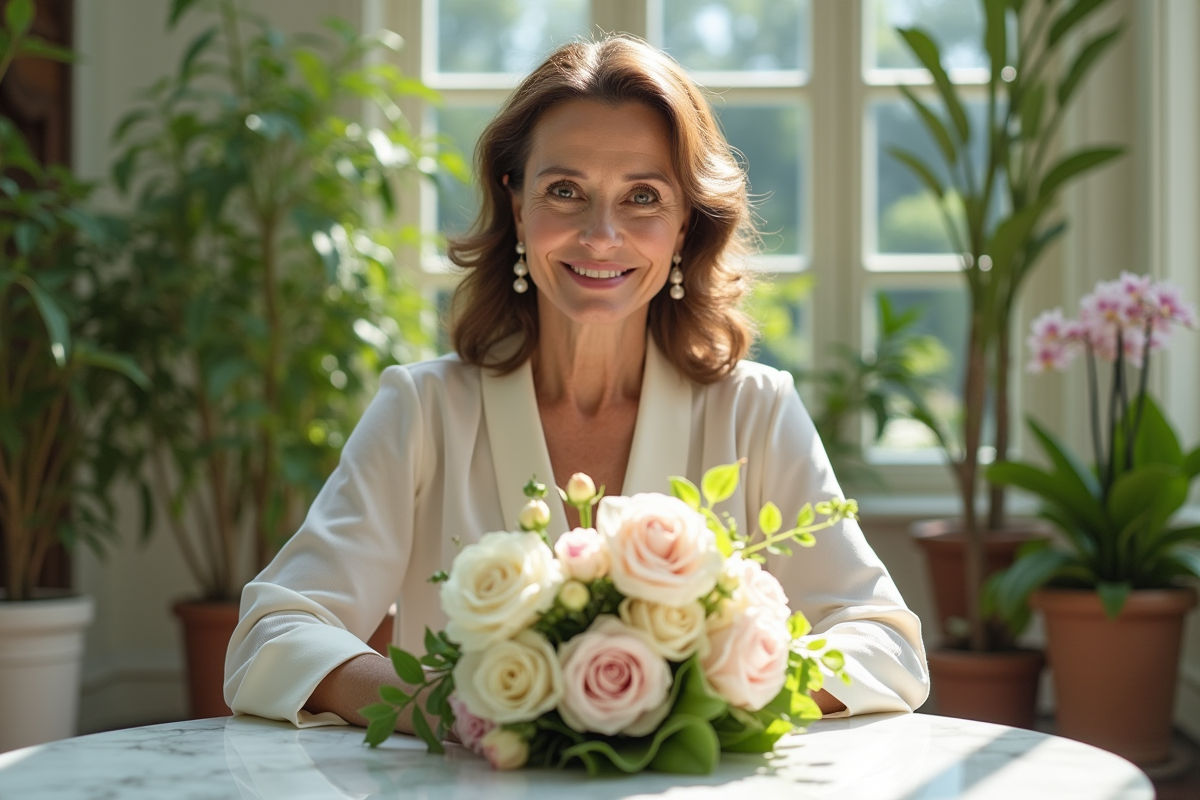 Femme élégante avec bouquet de fleurs rares