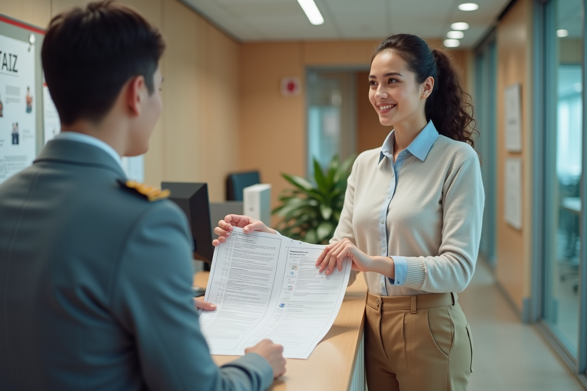 Jeune femme remettant des formulaires à un agent au bureau