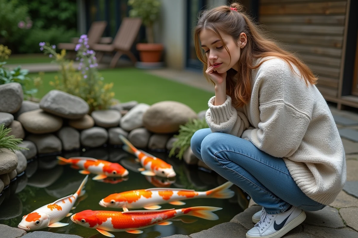 Jeune femme française observant des koi dans un bassin
