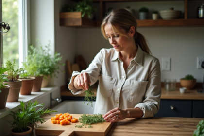 Femme saupoudrant des herbes fraîches sur un plateau de légumes