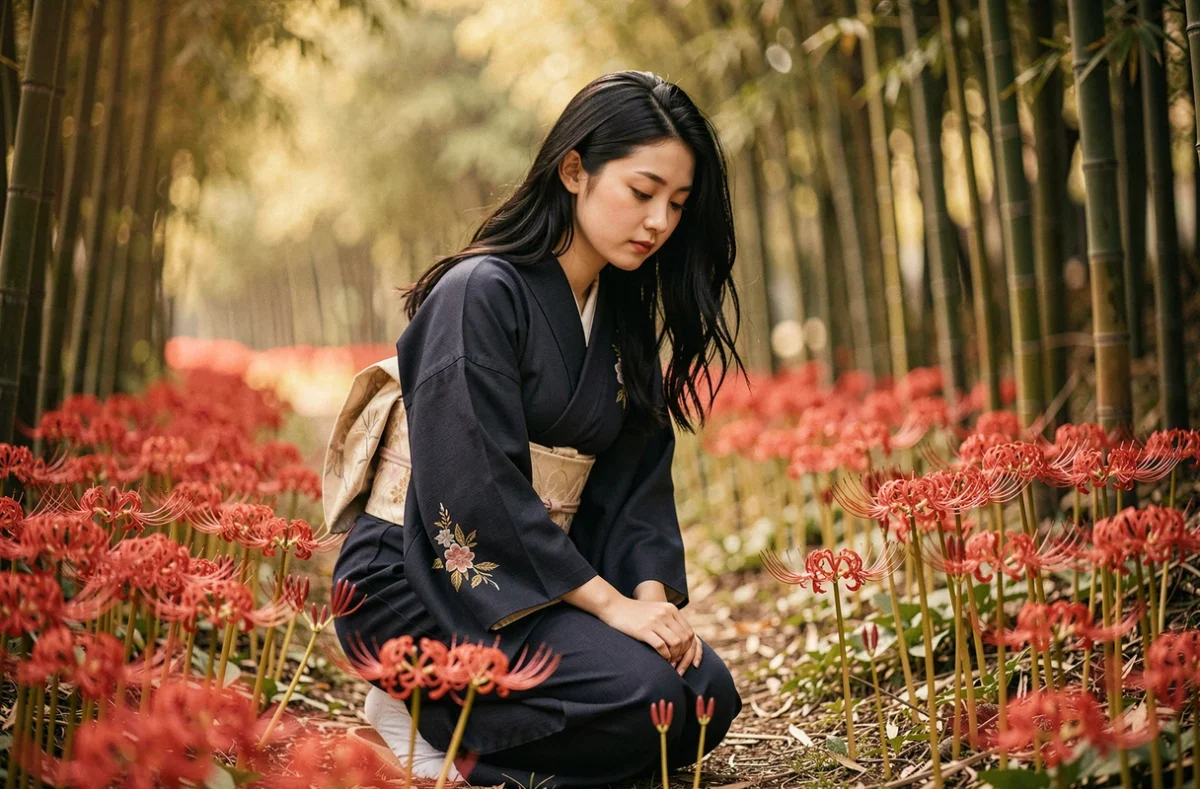 Jeune femme japonaise en yukata marine agenouillée près de fleurs de Lycoris radiata sauvages le long d'un chemin de bambou