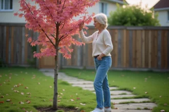 Femme inspectant un arbre à feuilles roses dans un jardin