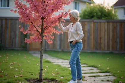 Femme inspectant un arbre à feuilles roses dans un jardin
