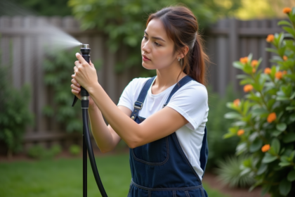 Femme en salopette ajustant un pulvérisateur dans le jardin