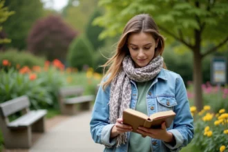 Femme examinant un guide botanique dans un jardin fleuri