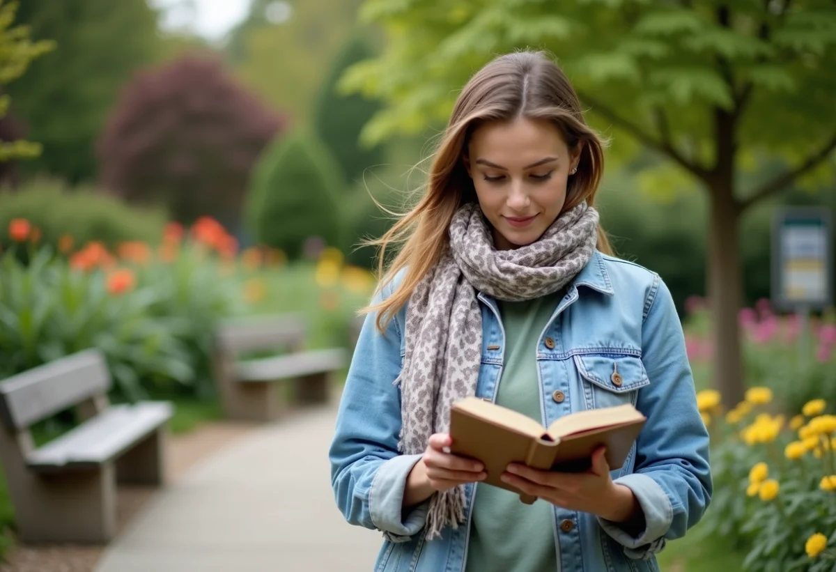 Femme examinant un guide botanique dans un jardin fleuri