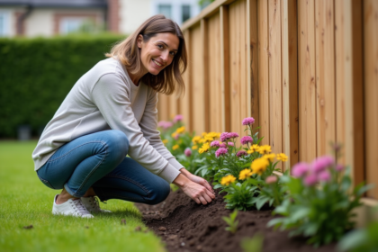 Femme plantant des fleurs près d'une clôture en bois dans le jardin