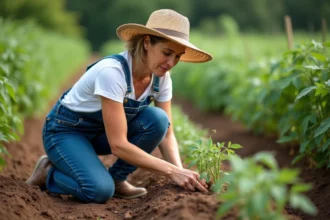Femme en salopette plantant des jeunes tomates dans le jardin