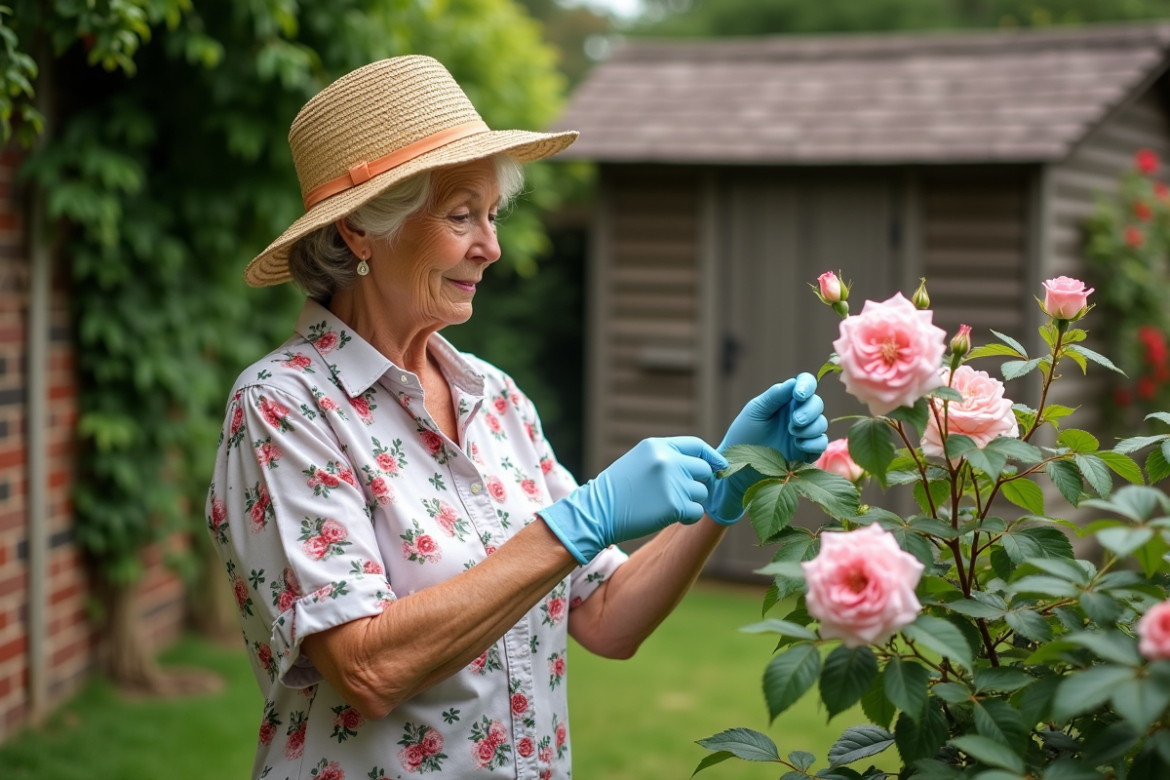 Femme âgée avec chapeau de paille et gants prune des roses dans le jardin