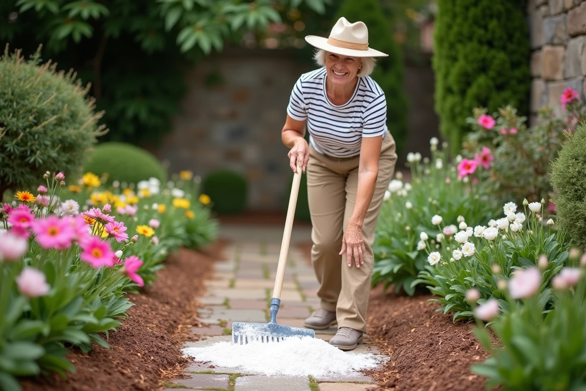 Femme souriante ratisse la chaux dans le jardin