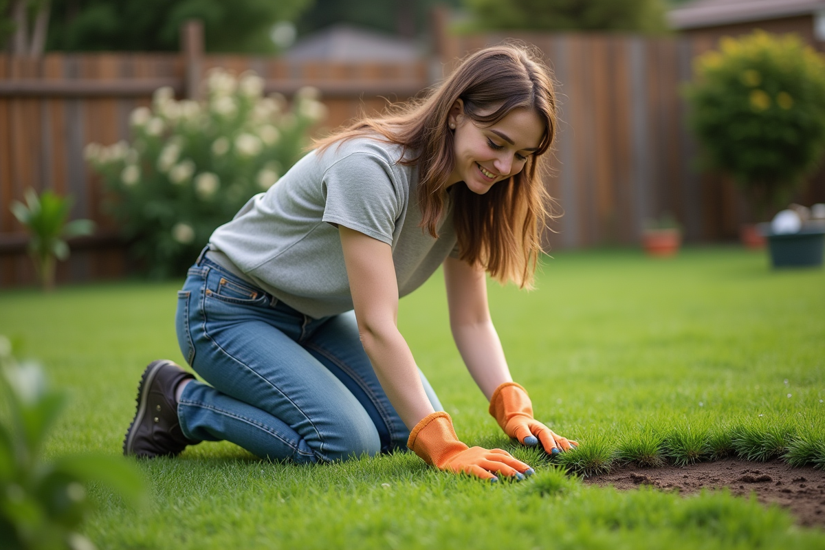 Jeune femme en jeans posant du gazon avec soin