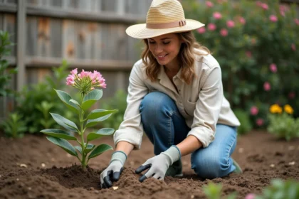 Femme plantant un geraldton wax dans son jardin ensoleille