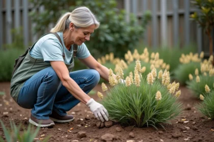 Femme en jardinage testant l'humidite du sol avec plante Geraldton Wax