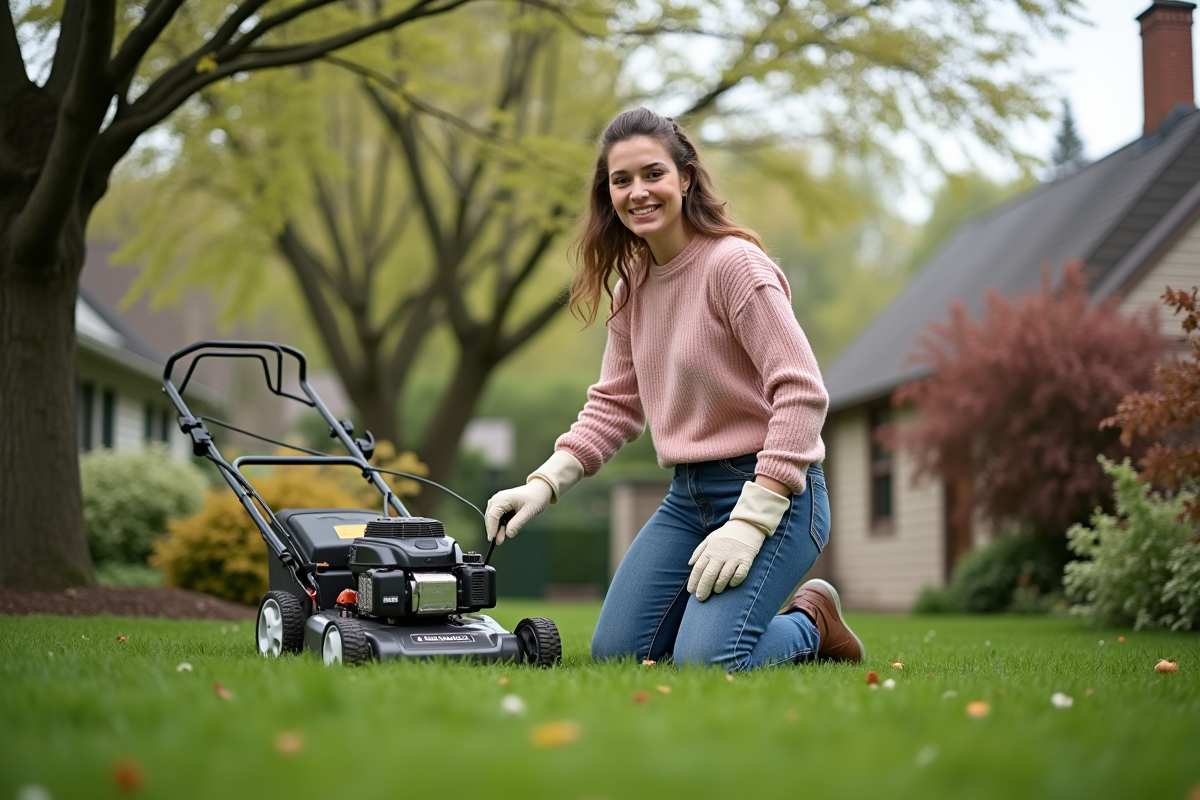 Femme souriante inspectant la pelouse au jardin