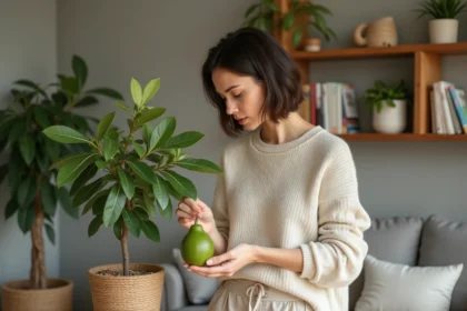 Femme inspectant un petit arbre de goyave dans un salon cosy
