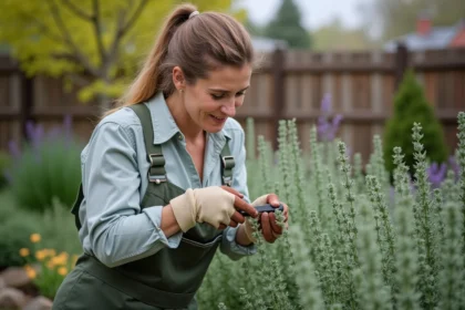 Femme en jardinage prenant une branche de sauge