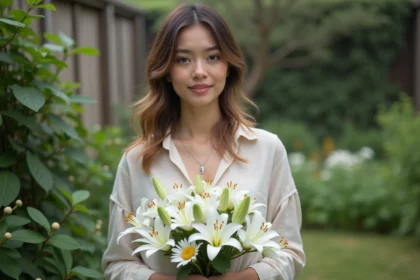 Femme dans un jardin avec des lys et daisies blancs