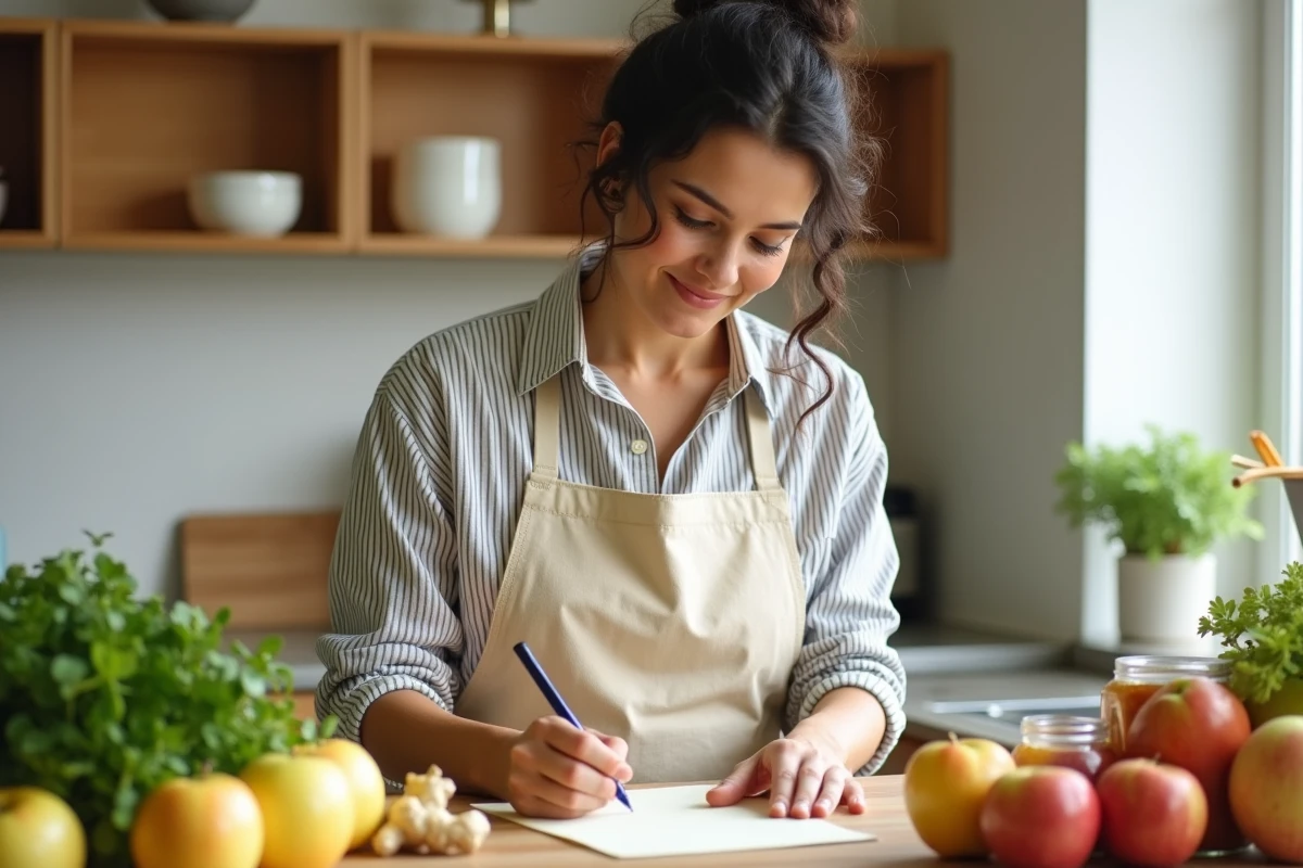 Femme rédigeant une liste de courses avec des fruits et légumes posés sur un plan de travail en bois dans une cuisine moderne