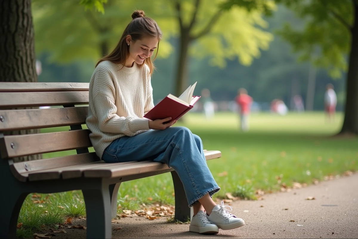 Jeune femme lisant dans un parc verdoyant