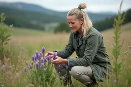 Femme en plein air examinant des fleurs violettes dans un pré