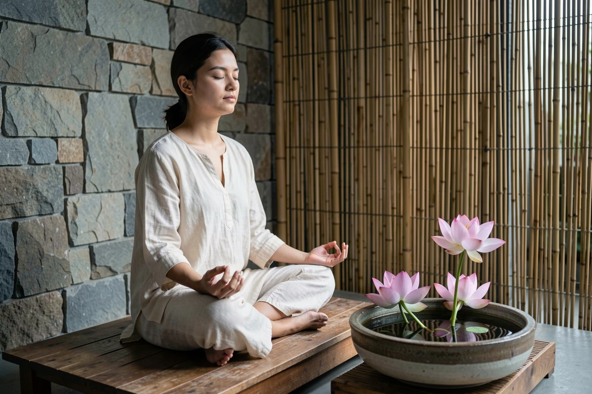 Jeune femme méditant près d'un bassin de lotus roses dans un intérieur zen minimaliste symbolisant la renaissance