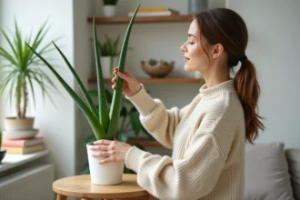 Femme soignant une plante aloe vera dans un salon moderne