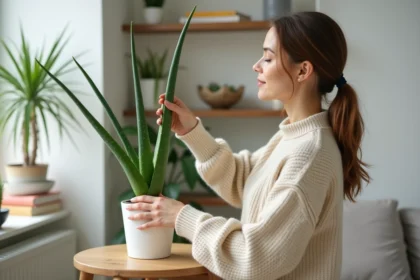 Femme soignant une plante aloe vera dans un salon moderne