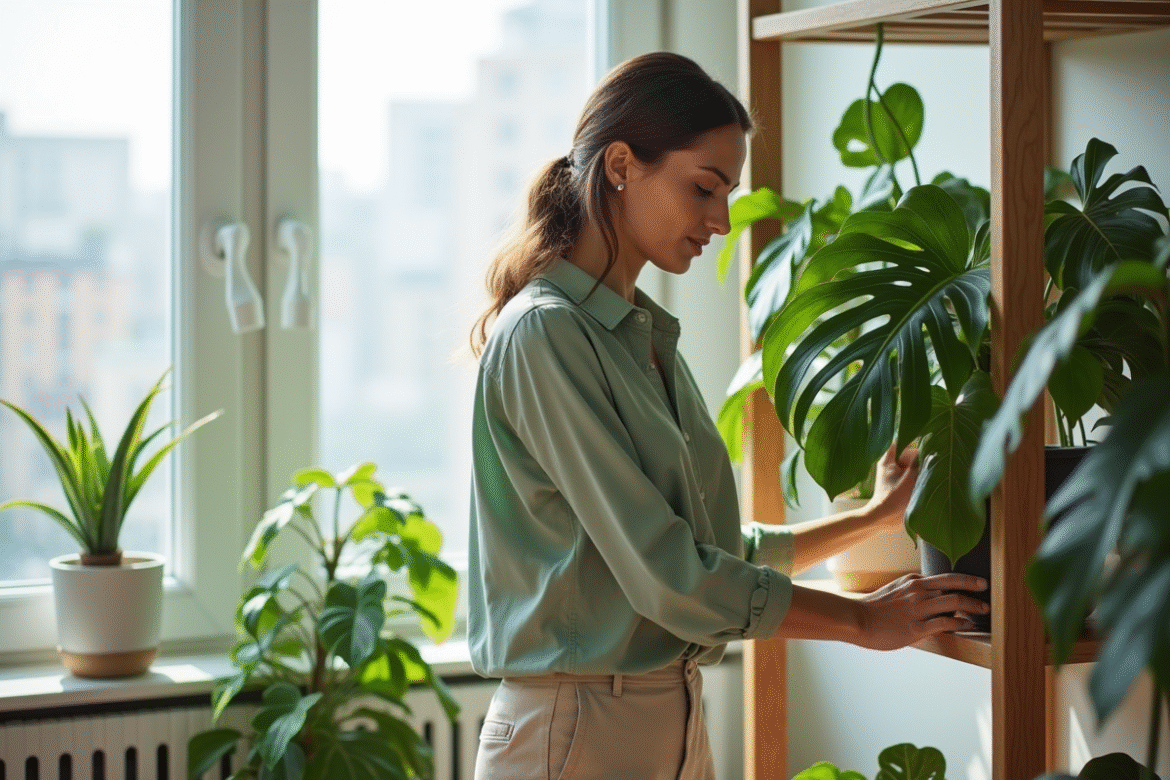 Femme d'une trentaine d'années prenant soin de plantes vertes dans un bureau moderne