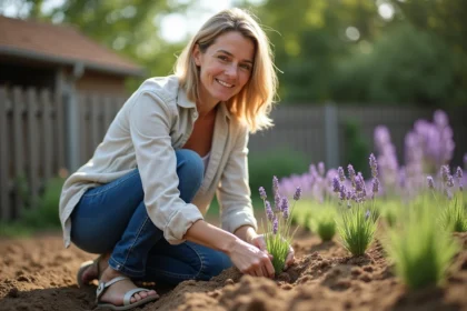 Femme plantant des jeunes lavandes dans un jardin ensoleille