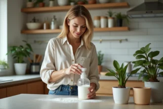 Femme versant poudre écologique dans un spray à la maison