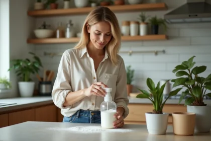 Femme versant poudre écologique dans un spray à la maison