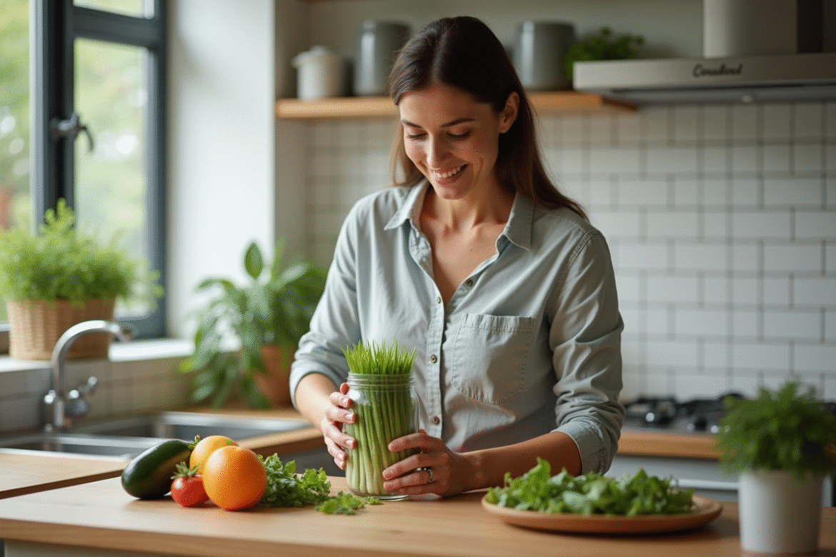 Femme d'âge moyen préparant des graines dans la cuisine