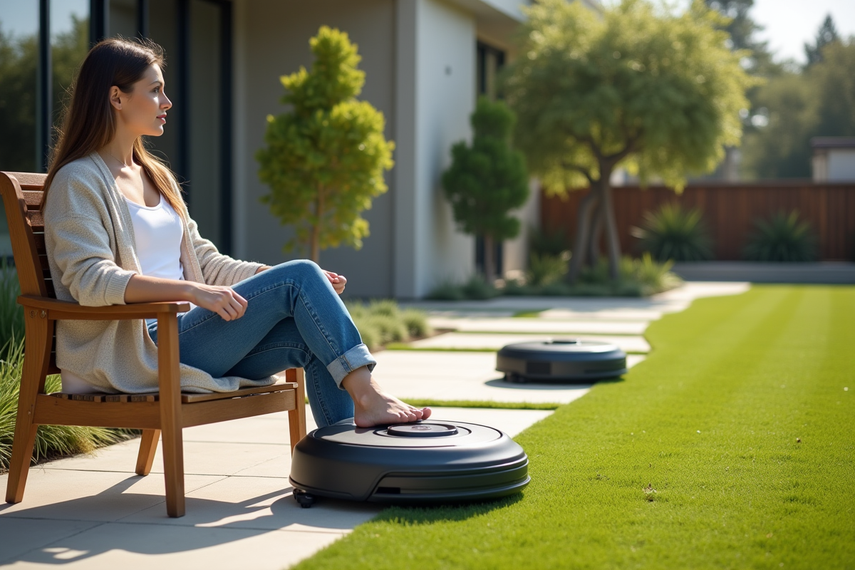 Femme regardant deux robots tondeuses dans un jardin moderne