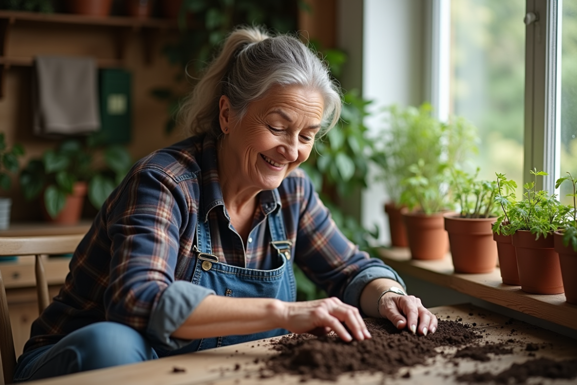 Femme plantant des graines dans des pots en intérieur