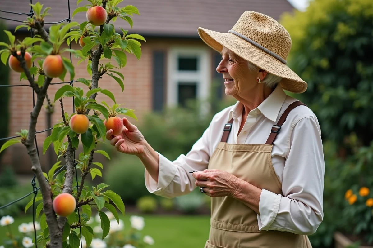 Femme âgée inspectant la taille d’un jeune arbre de peche