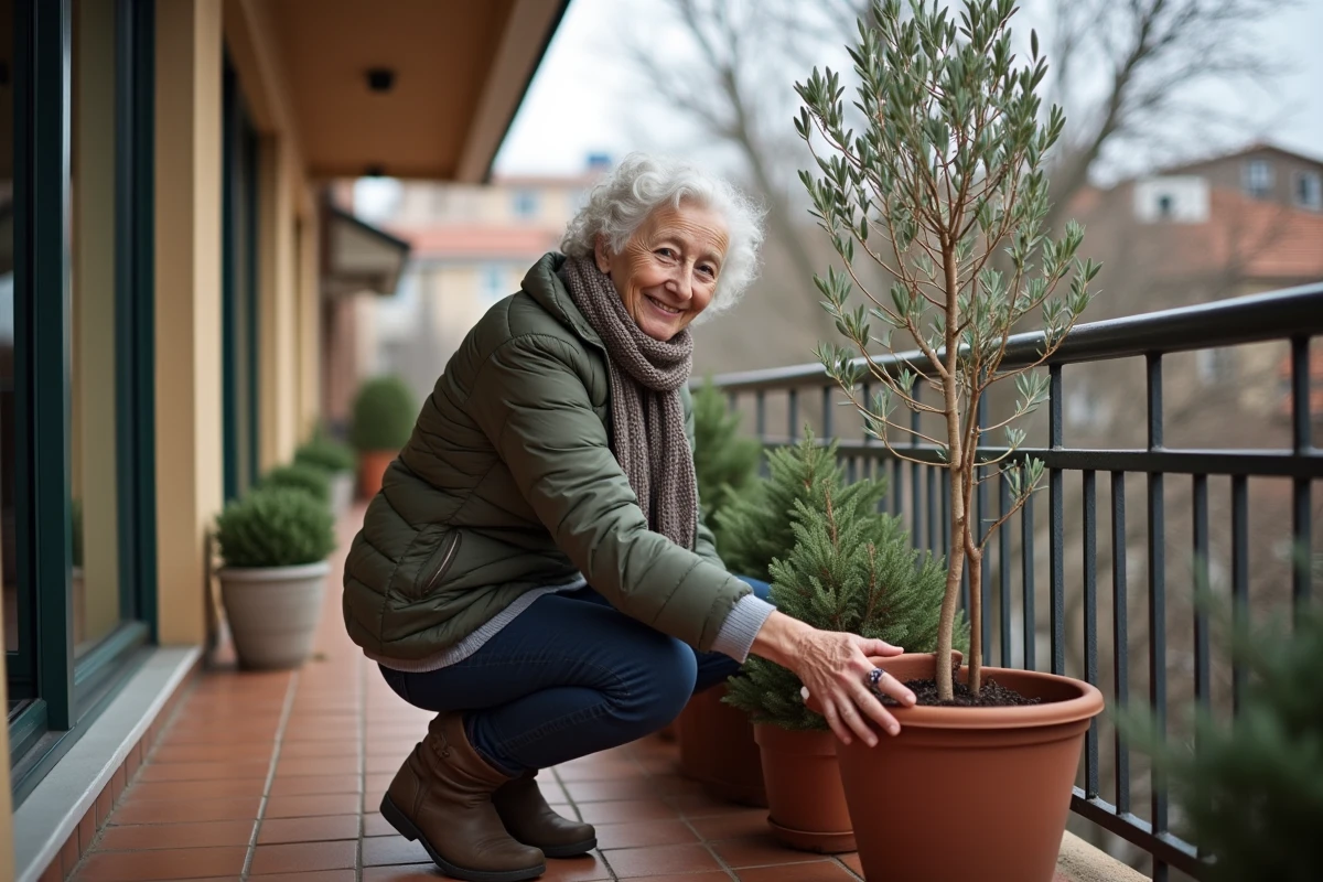 Femme âgée soignant un olivier en pot sur son balcon urbain
