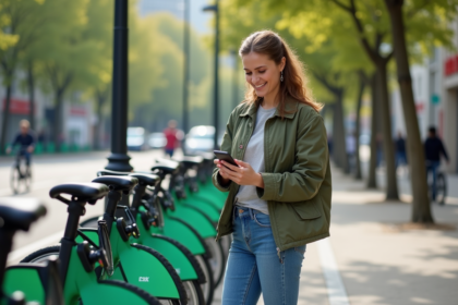 Femme souriante avec vélo vert dans une station urbaine