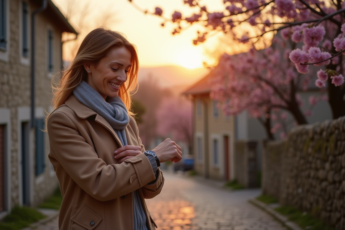 Femme souriante en manteau printanier dans un village français