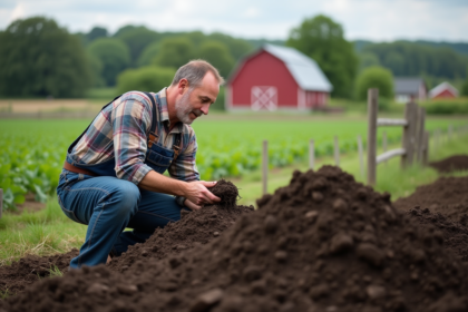 Fermeur en overalls examine compost dans champ rural