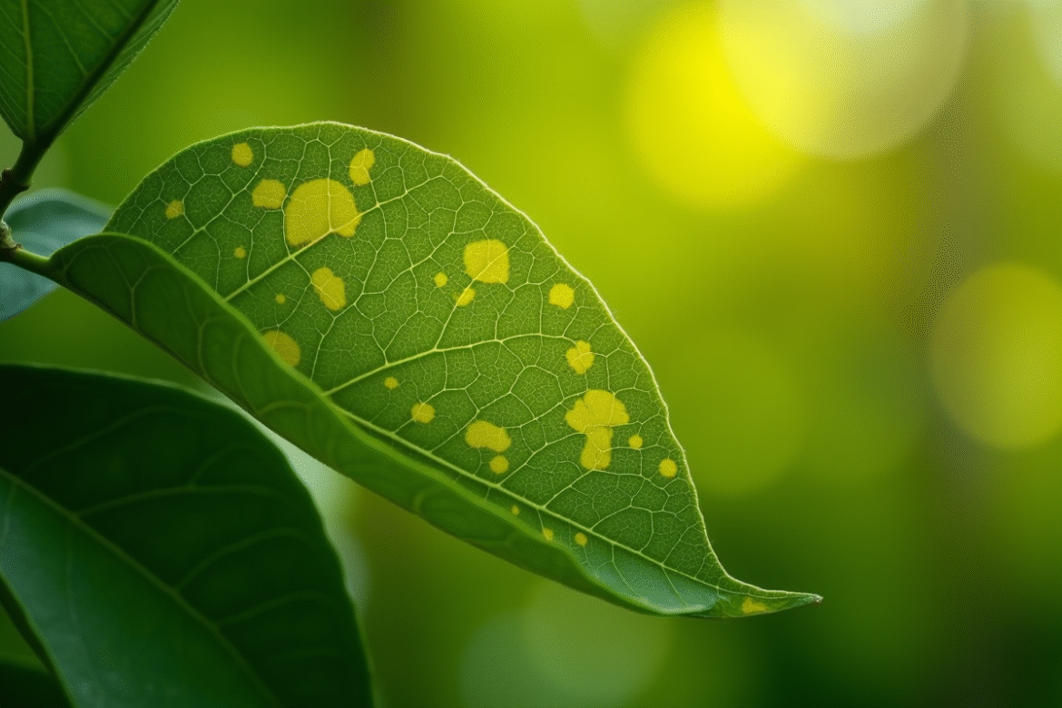 Feuille de citronnier avec taches de maladie en gros plan