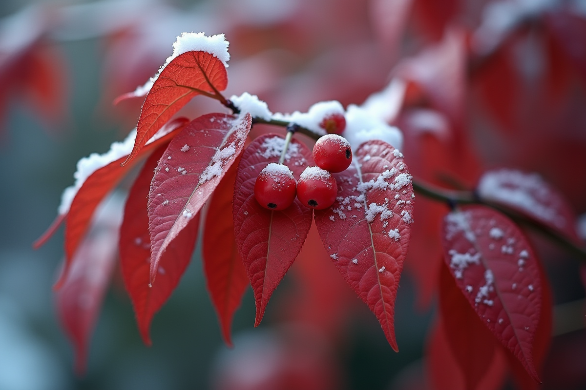 Feuilles de nandina rouge avec neige et baies éclatantes