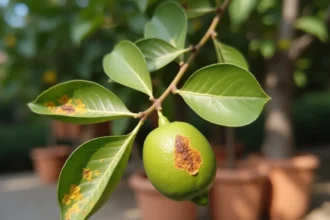 Feuilles de citronnier avec tâches marron irrégulières et bords jaunis, signes de maladie fongique