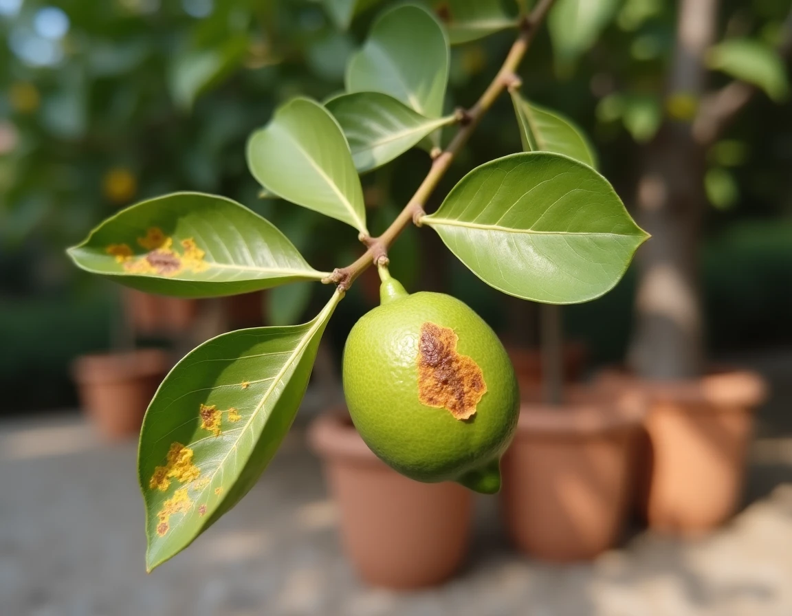 Feuilles de citronnier avec tâches marron irrégulières et bords jaunis, signes de maladie fongique