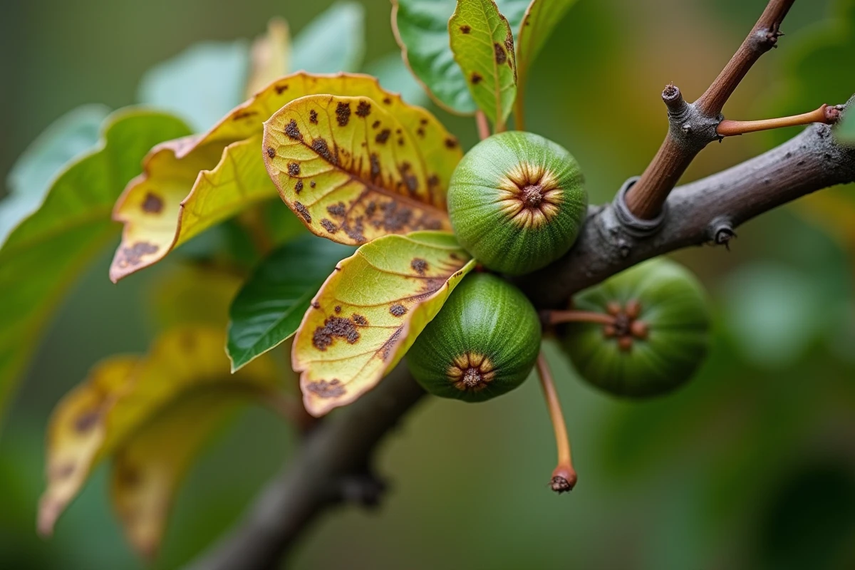 Gros plan sur des feuilles de figuier malades présentant des taches brunes et un jaunissement en été, symptômes visibles d'une maladie fongique ou bactérienne