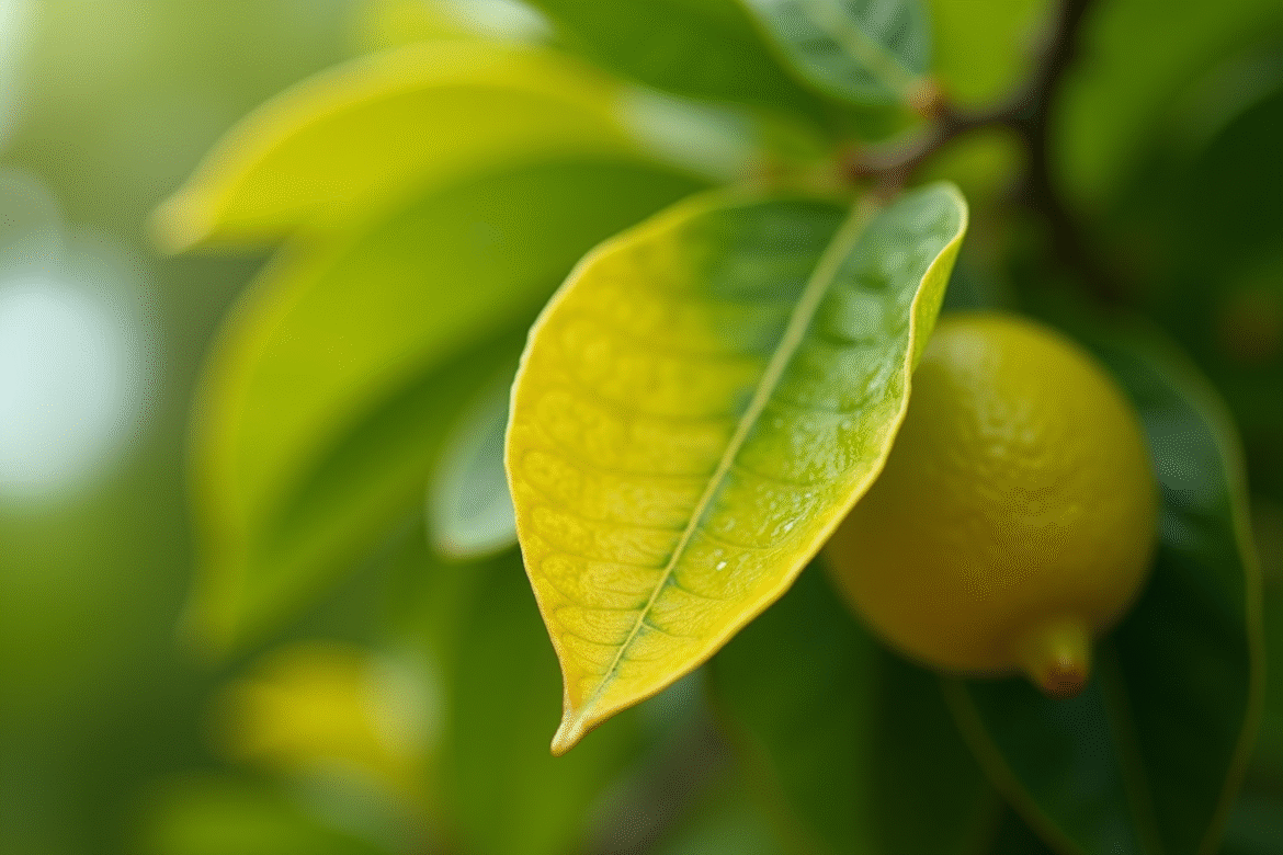 Feuilles de citronnier jaunies en gros plan