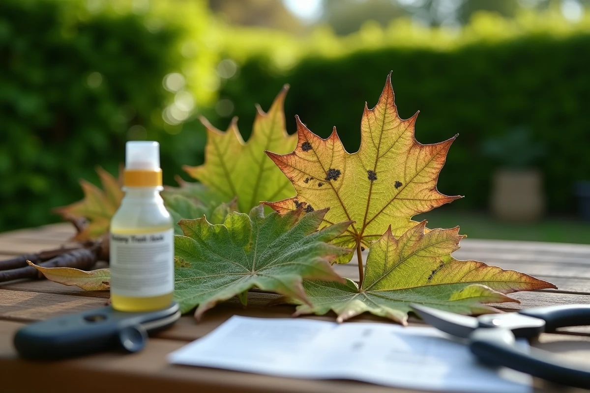 Feuilles de platane atteintes de taches nécrotiques et de maladie fongique posées sur une table de jardin avec des outils de traitement