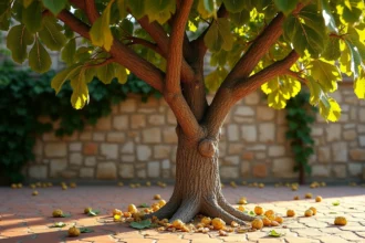 Figuier en plein été perdant ses feuilles prématurément dans un jardin méditerranéen, feuilles jaunes et séchées tombées au sol autour du tronc
