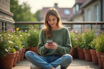 Jeune femme sur balcon avec plantes et smartphone