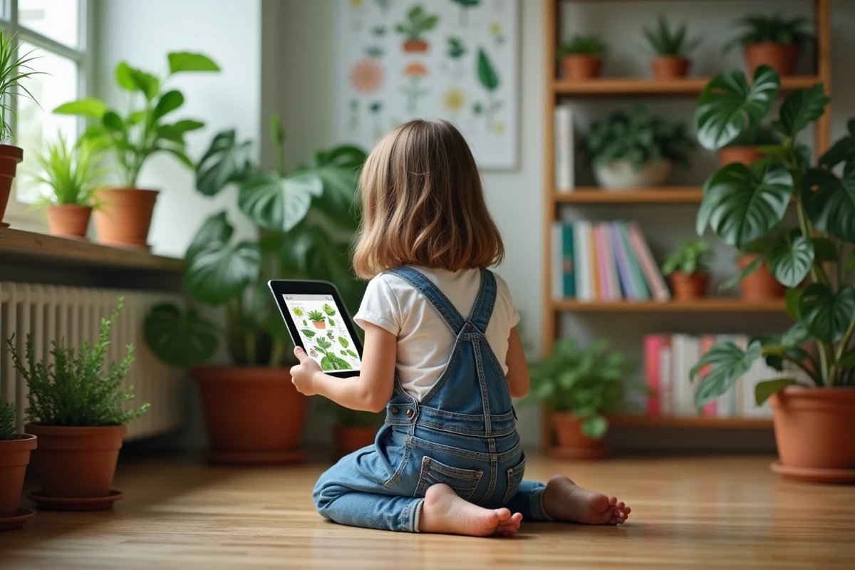 Jeune fille regardant une tablette avec une application de plantes