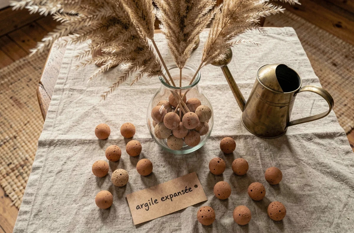 Flat lay décoratif avec billes d'argile dans un vase en verre, herbes de la pampa et arrosoir en laiton sur lin naturel